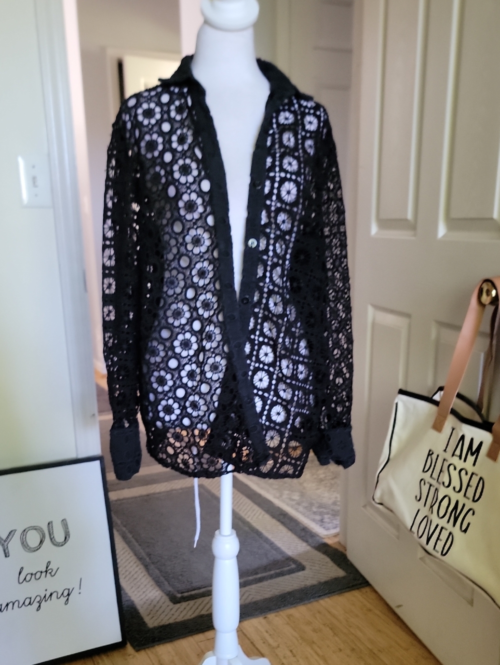Lavender J. Black Floral Eyelet Button-Up Top